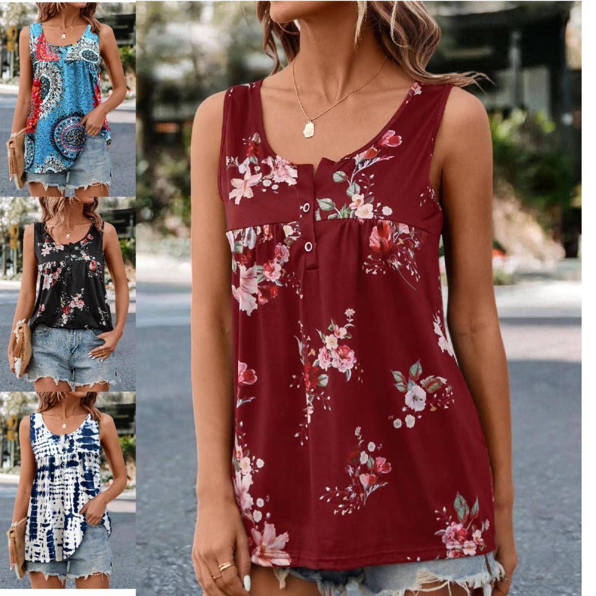 European And American Printed Round Neck Button Sleeveless Vest