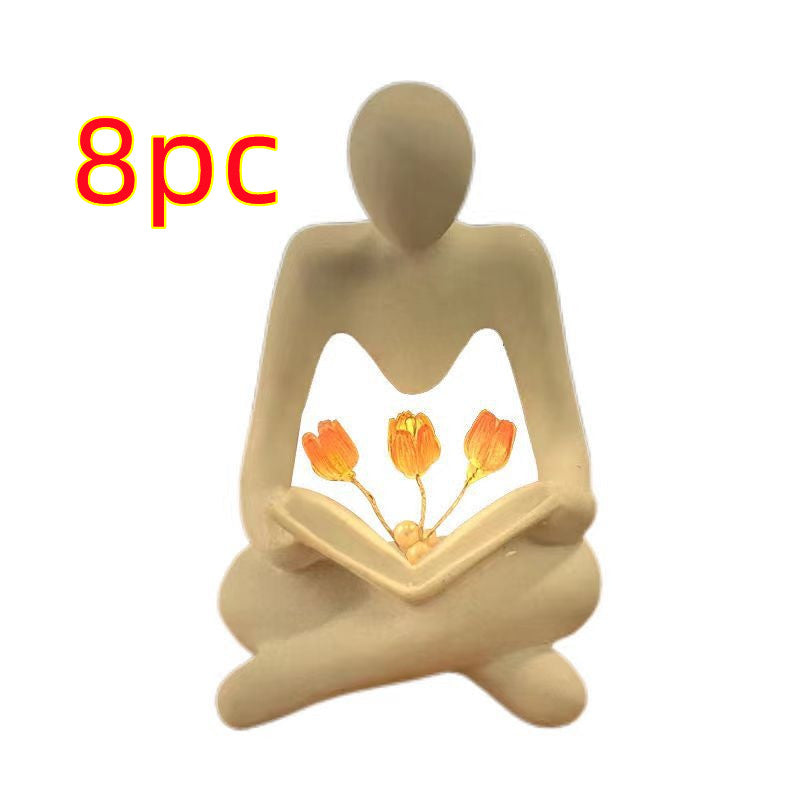 Nordic Abstract Thinker Statue Lights Creative Reader Tulip Book Sculpture Night Lamp Desk Bookshelf Figurines Decor