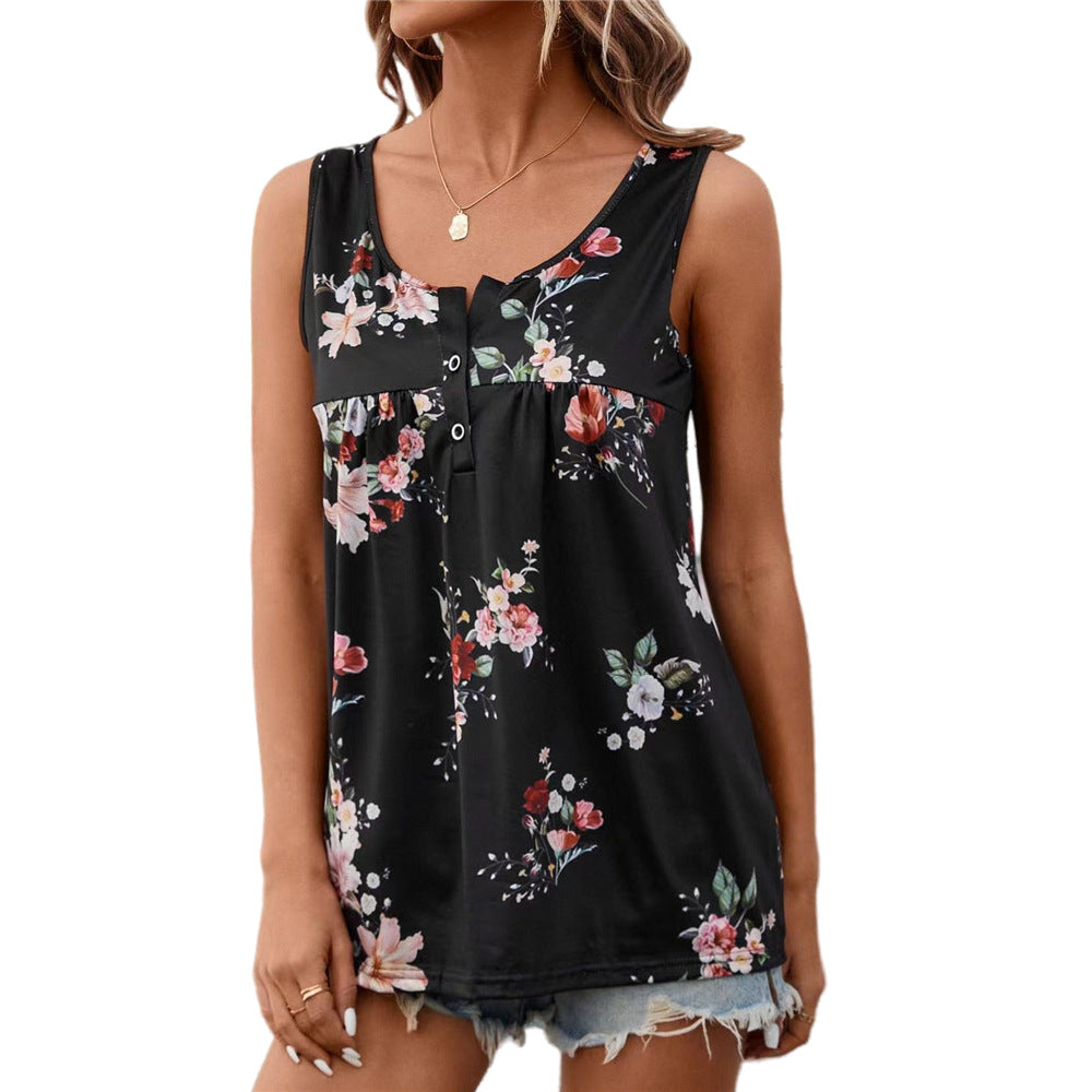 European And American Printed Round Neck Button Sleeveless Vest