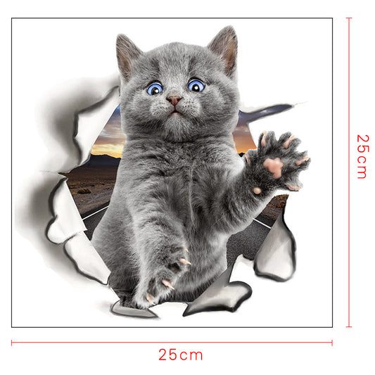 3D Wall-breaking Kitten Wall Stickers Happy Day Toilet Toilet Lid Bedroom Wall Stickers