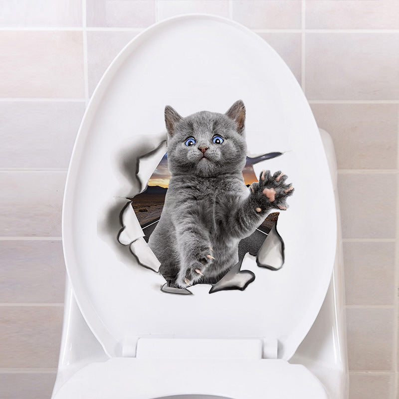 3D Wall-breaking Kitten Wall Stickers Happy Day Toilet Toilet Lid Bedroom Wall Stickers